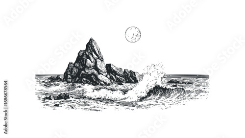 Rocky island with crashing waves and moon in sky. Vector hand drawn illustration