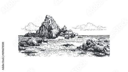 Pencil sketch of jagged rocks and ocean waves with clouds. Vector hand drawn illustration