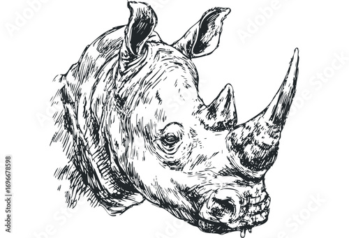 Sketch of rhinoceros head with large horn and textured skin on transparent background. Vector hand drawn illustration