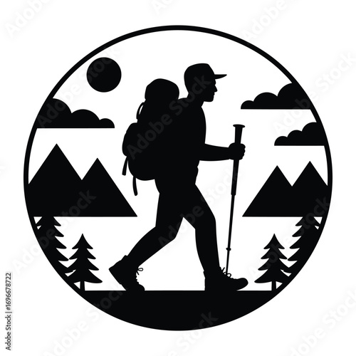 Adventure Hiking Man with Backpack in Mountains Black and White Design