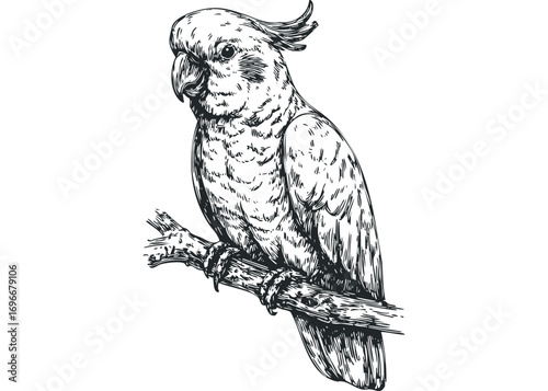 Sketch of a Cockatoo Bird Perched on a Branch Image. Vector hand drawn illustration