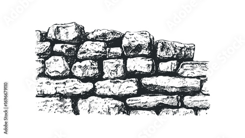 Rough stone wall construction in sketch on transparent background. Vector hand drawn illustration
