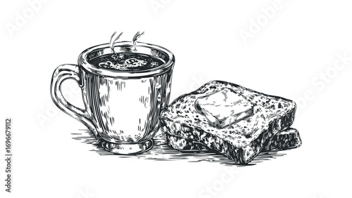 Sketch of steaming hot coffee in a mug with buttered toast. Vector hand drawn illustration