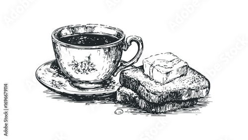 Hand drawn sketch of coffee cup and buttered toast on saucer transparent. Vector hand drawn illustration
