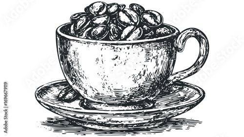 Hand Drawn Coffee Cup Overflowing with Beans Transparent. Vector hand drawn illustration