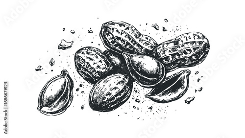 Hand Drawn Peanuts and Shells Image. Vector hand drawn illustration