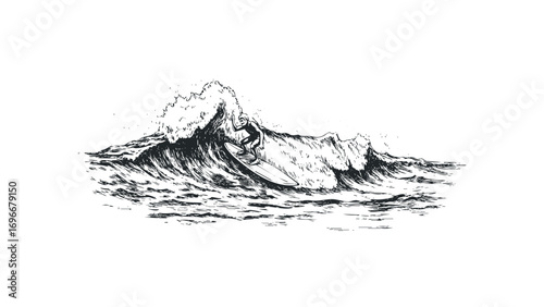Surfer riding a wave on transparent background. Vector hand drawn illustration