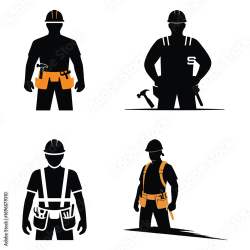 Set of construction worker silhouettes. Male builders with tool belt.