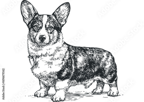 Pen and ink sketch of a corgi standing,. Vector hand drawn illustration