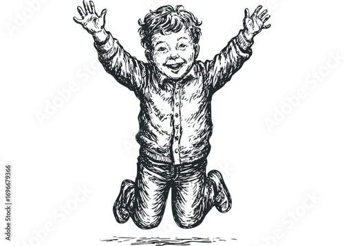 Sketch of a joyful young boy jumping with arms raised,. Vector hand drawn illustration
