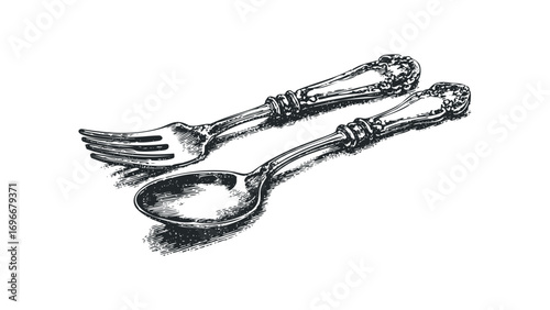 Vintage Spoon and Fork Isolated Image. Vector hand drawn illustration