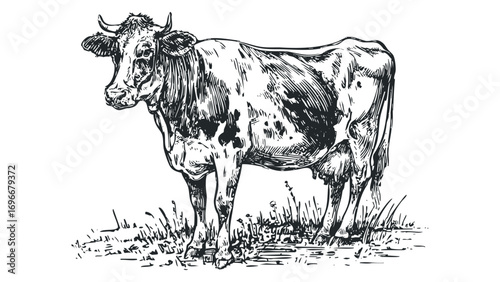 Sketchy Hand Drawn Cow Standing in Grass. Vector hand drawn illustration