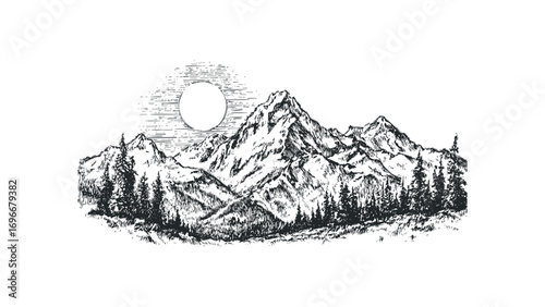 Pen and ink drawing of majestic snow capped mountains with pine trees and sun. Vector hand drawn illustration