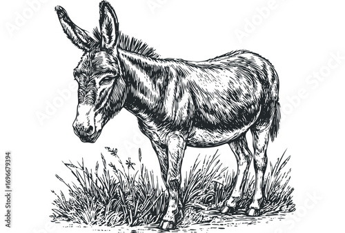 Pencil sketch of a standing donkey in grassy field on transparent background. Vector hand drawn illustration
