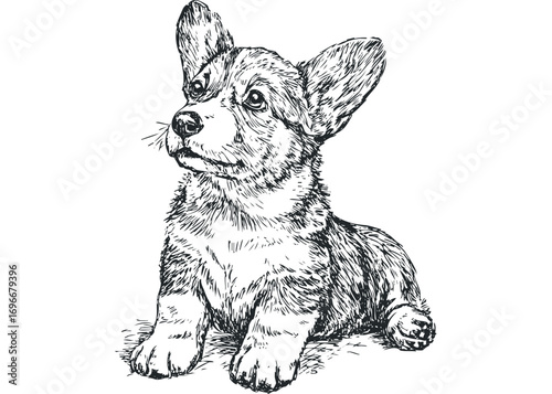 Line drawing of a corgi puppy sitting on a transparent background. Vector hand drawn illustration