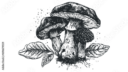 Ink Drawing of Two Mushrooms with Leaves and Spores. Vector hand drawn illustration