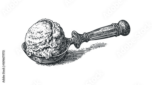 Vintage woodcut style ice cream scoop with creamy dessert on transparent. Vector hand drawn illustration