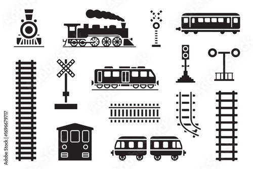black white train and railway elements vector icons steam locomotive passenger train signals tracks
