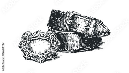 Ornate vintage leather belt and buckle on transparent background. Vector hand drawn illustration