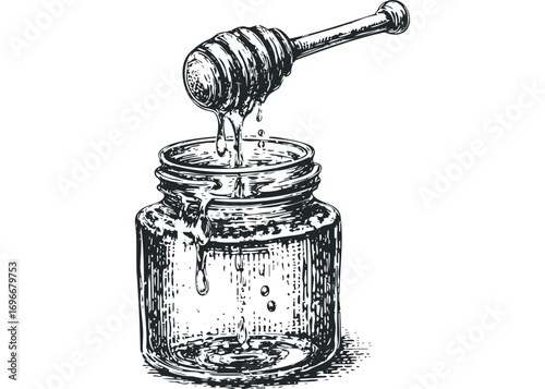 Honey drippling from dipper into jar. Vector hand drawn illustration