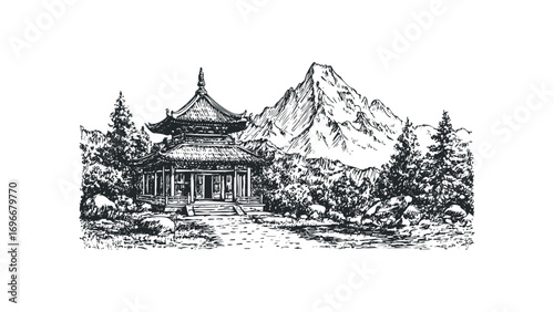 Pencil sketch of a serene temple amidst mountainous landscape and pine trees. Vector hand drawn illustration