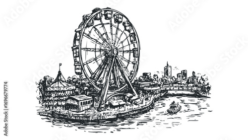 Sketch of Ferris wheel and waterfront cityscape with boat. Vector hand drawn illustration