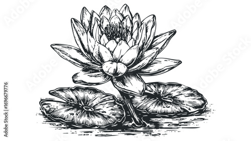 Hand drawn water lily flower with leaves on water surface. Vector hand drawn illustration