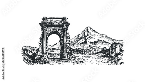Ancient stone archway ruins against a majestic mountain peak. Vector hand drawn illustration