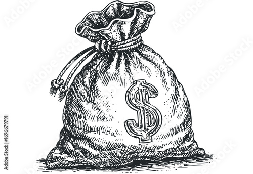 Money Bag with Dollar Sign Transparent Image. Vector hand drawn illustration