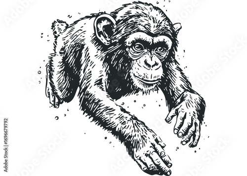 Dynamic chimpanzee in mid-leap image. Vector hand drawn illustration