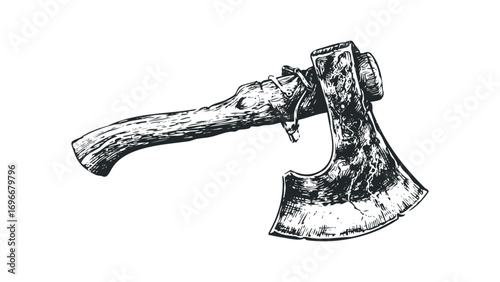 Hand drawn axe with wooden handle on transparent background. Vector hand drawn illustration