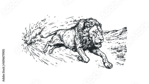 Hand drawn sketch of a male lion running with dynamic motion blur and splashes. Vector hand drawn illustration