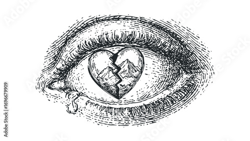 Hand Drawn Eye With Cracked Heart Containing Mountains. Vector hand drawn illustration