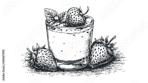 Sketch of fresh strawberries and a drink in a glass. Vector hand drawn illustration