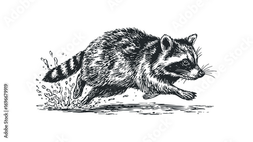 Sketch of a raccoon running through water splash. Vector hand drawn illustration
