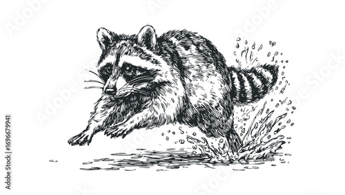 Raccoon in motion, splashing water image on transparent background. Vector hand drawn illustration