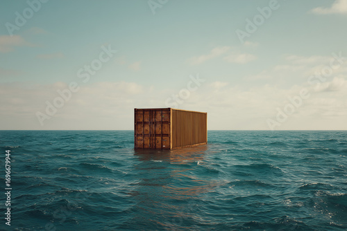 Shipping container floating alone in the middle of the ocean under a cloudy sky, concept of global trade, logistics, risk, and uncertainty