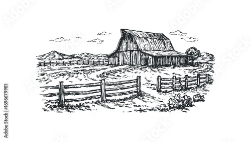 Sketch of a wooden barn with a fence and rolling hills. Vector hand drawn illustration