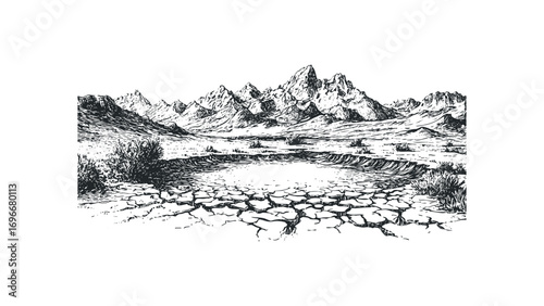 Dry cracked earth and barren landscape with jagged mountains in the distance. Vector hand drawn illustration