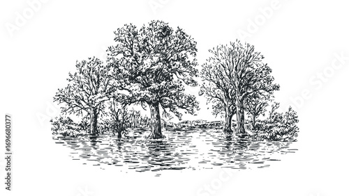 Ink sketch of deciduous trees on grassy bank with water reflection. Vector hand drawn illustration