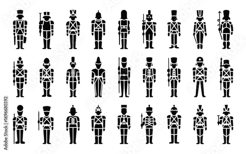 Vector art of set of toy soldier icons, depicting various military uniforms and poses, perfect for historical illustrations or toythemed designs