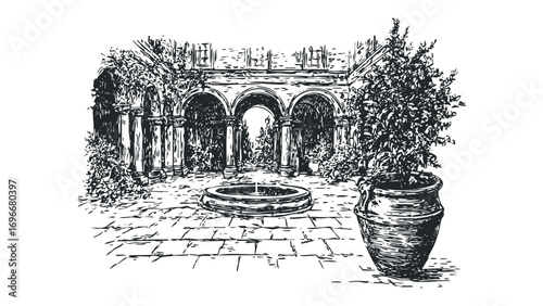 Sketch of a courtyard with arches, fountain, and potted plant on transparent background. Vector hand drawn illustration