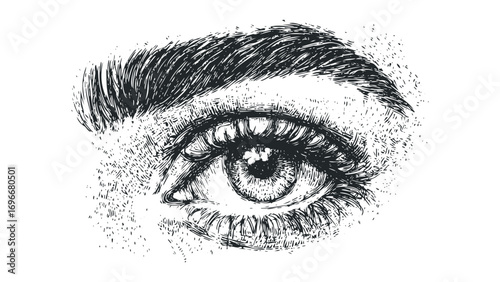 Close up of an open eye with long lashes and eyebrow on transparent background. Vector hand drawn illustration