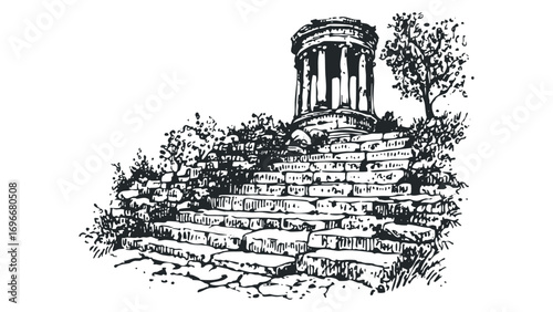 Stone ruin with ancient columned structure and foliage. Vector hand drawn illustration