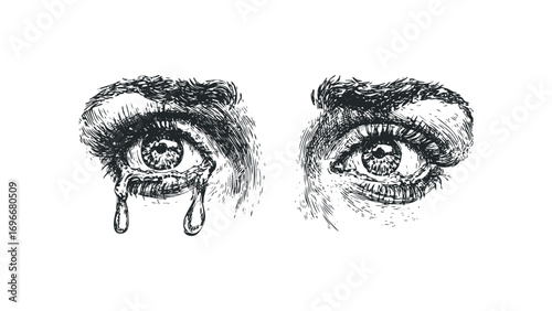 Line drawing of a crying eye with tear drops on transparent background. Vector hand drawn illustration