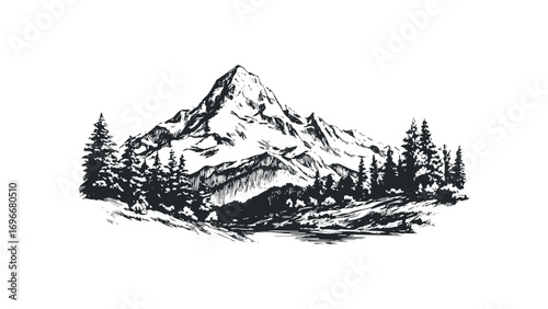 Hand Drawn Mountain Peak with Pine Forest and River Scene. Vector hand drawn illustration