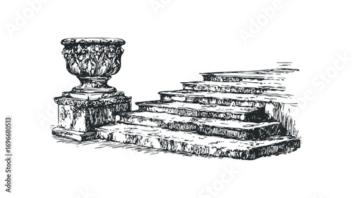 Ornate stone urn and grand stone staircase in hand drawn style,. Vector hand drawn illustration