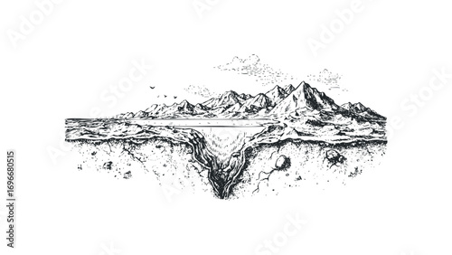 Cross section of land with mountains, water, and a deep chasm. Vector hand drawn illustration