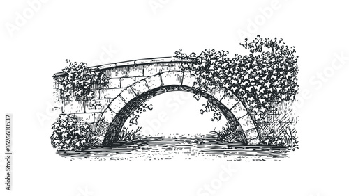 Stone arch bridge overgrown with ivy and water on transparent background. Vector hand drawn illustration