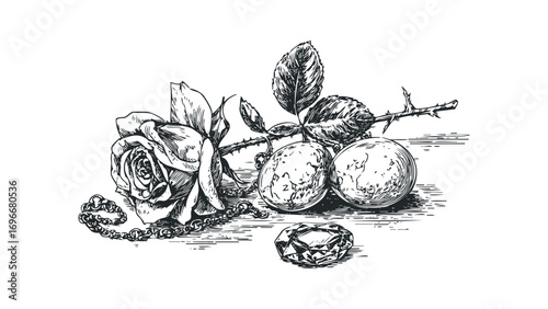 Sketch of rose with jewelry and precious stones on transparent background. Vector hand drawn illustration